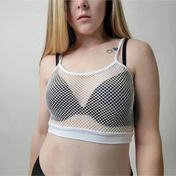 White fishnet crop tank top sheer mesh rave yoga - Picture 3 of 5